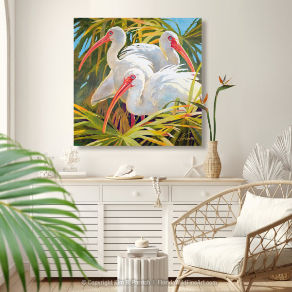 White Ibis Painting in a bedroom setting