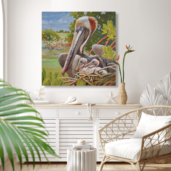 Pelican nest painting - the original oil painting “Pelican Nest in Mangroves” by Kim B. Parrish, depicts a brown pelican with her young in Florida’s mangrove habitat