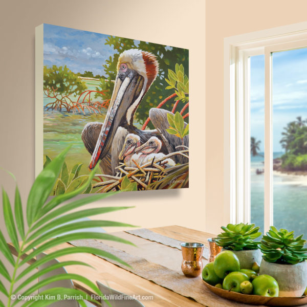 Pelican nest painting - the original oil painting “Pelican Nest in Mangroves” by Kim B. Parrish, depicts a brown pelican with her young in Florida’s mangrove habitat