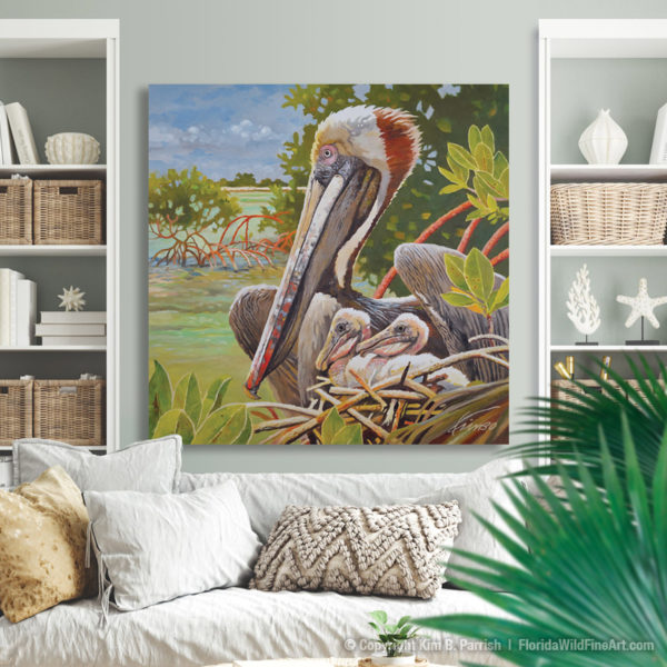 Pelican nest painting - the original oil painting “Pelican Nest in Mangroves” by Kim B. Parrish, depicts a brown pelican with her young in Florida’s mangroves